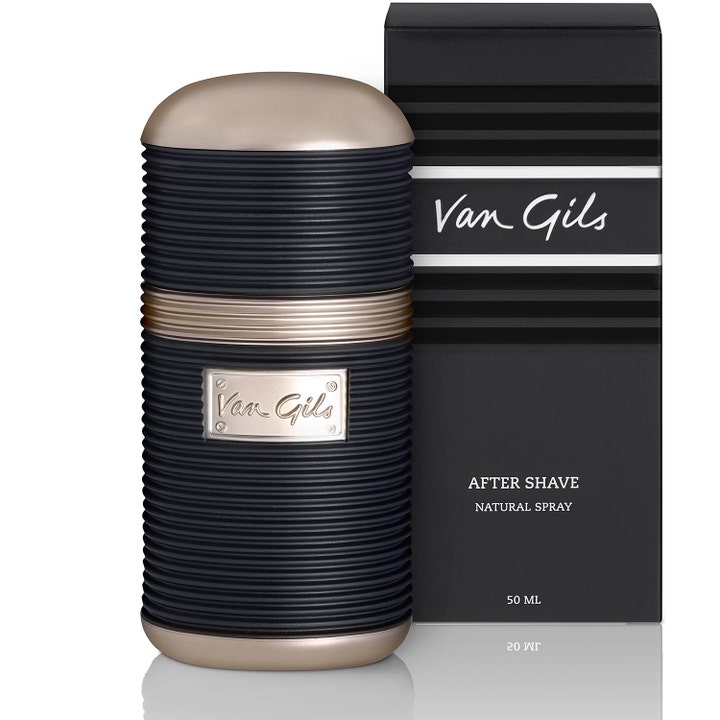 Van Gils Strictly for Men 50 ml After Shave raikastaa ihon uritetussa mustassa pullossa ja pakkauksessa.
