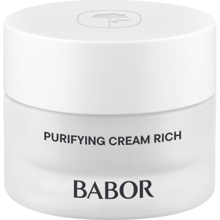 Babor Skinovage Purifying Cream Rich puhdistava kasvovoide valkoisessa huurteisessa lasipurkissa.