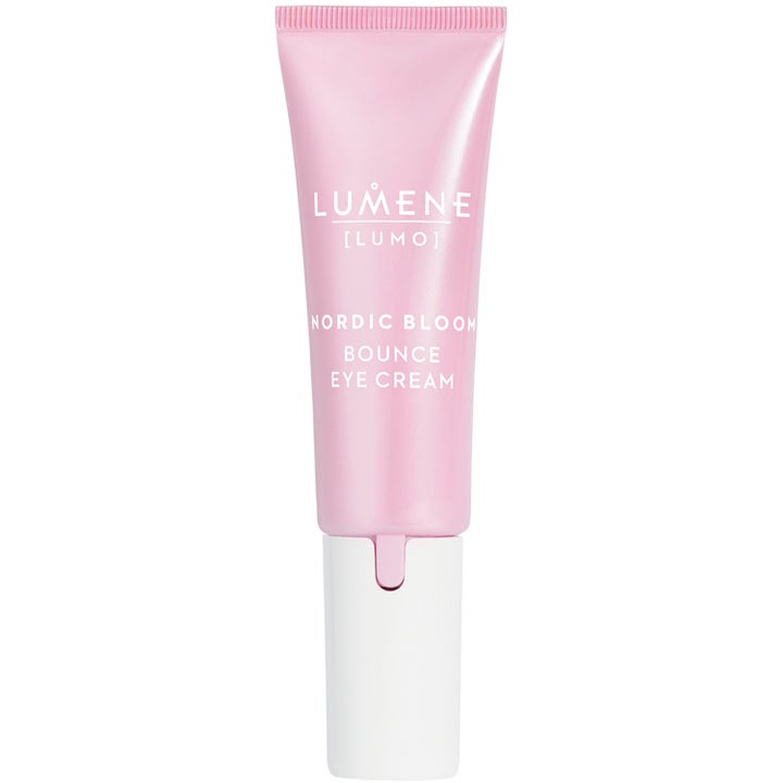 Lumene Nordic Bloom Bounce Eye Cream 15 ml kiinteyttävä silmänympärysvoide vaaleanpunaisessa tuubissa valkoisella korkilla