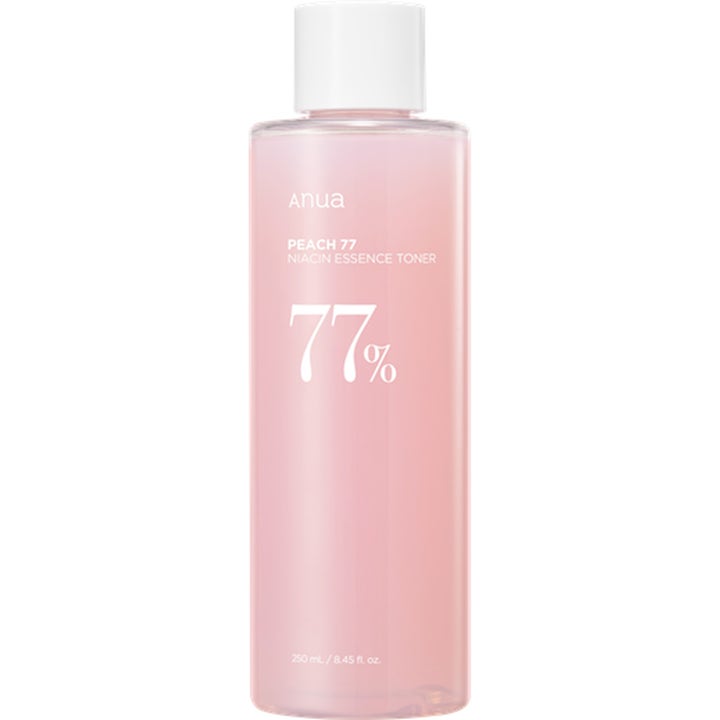 Anua Peach 77 Niacin Essence Toner 250 ml kirkastava kasvovesi vaaleanpunaisessa pullossa valkoisella korkilla.