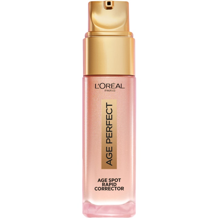L'Oréal Paris Age Perfect Age Spot Rapid Corrector häivyttää pigmenttiläiskiä hohtavassa pullossa kultaisella korkilla.
