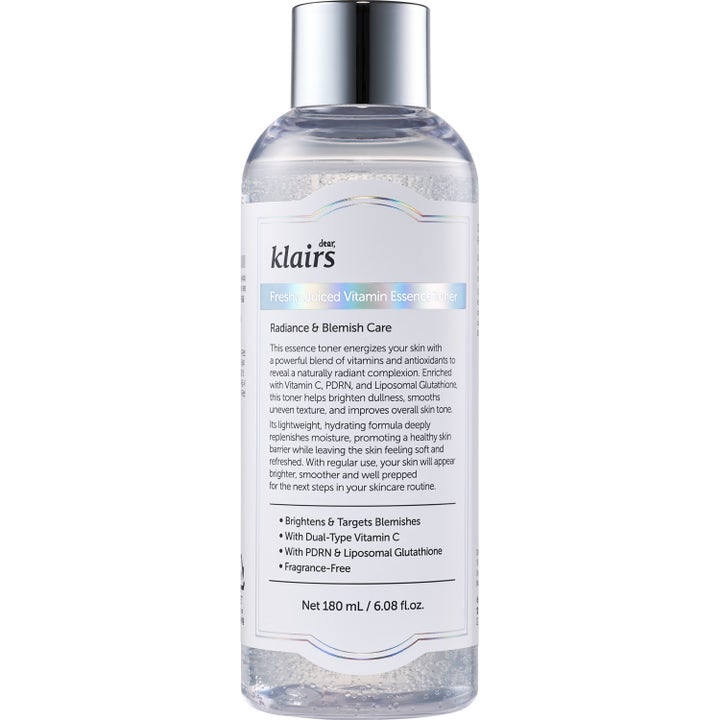 Dear, Klairs Freshly Juiced Vitamin Essence Toner 180 ml kirkastava kasvovesi hopeakorkkisessa kirkkaassa muovipullossa