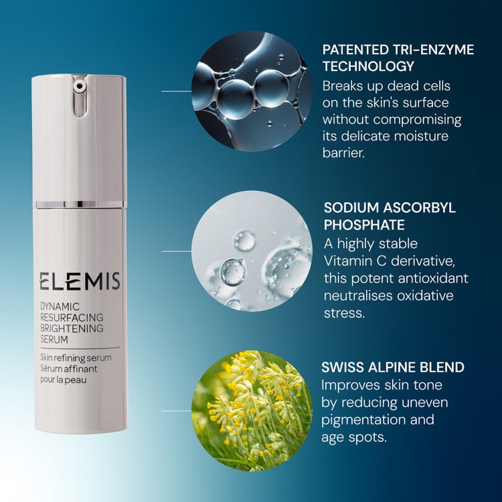 Elemis Dynamic Resurfacing Super-C Serum 30 ml kirkastava seerumi ainesosakuvilla kuten C-vitamiini ja alppikasvit.