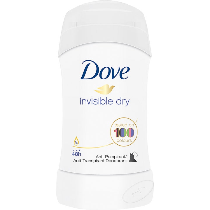 Dove Invisible Dry antiperspirantti-deostick suojaa vaatteita tahroilta valkoisessa hylsyssä sinisellä logolla.