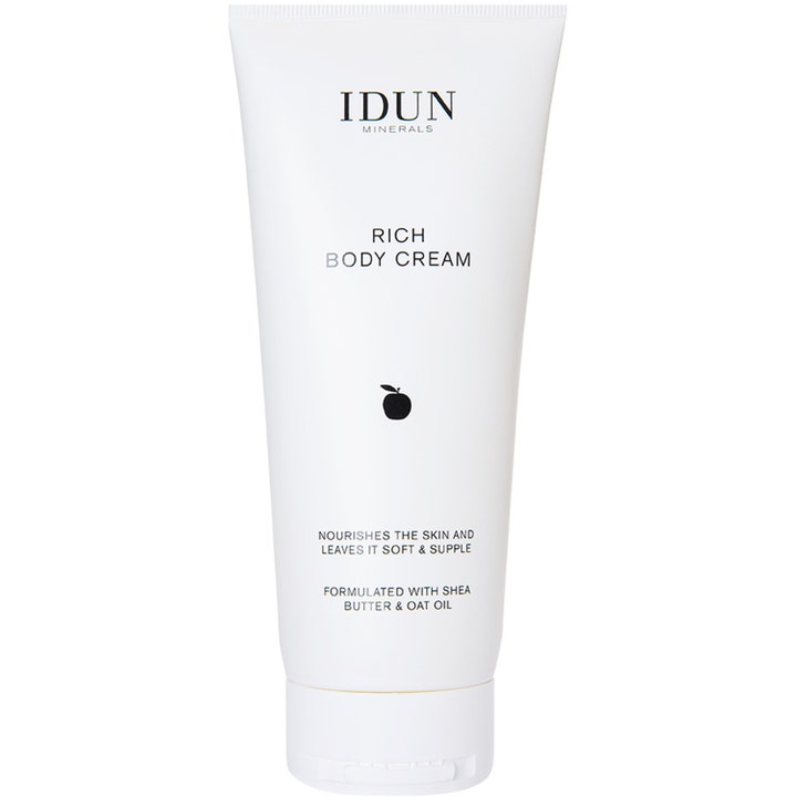 IDUN Minerals Rich Body Cream 200 ml ravitseva vartalovoide pehmentää ihoa sheavoilla ja kauraöljyllä valkoisessa tuubissa.