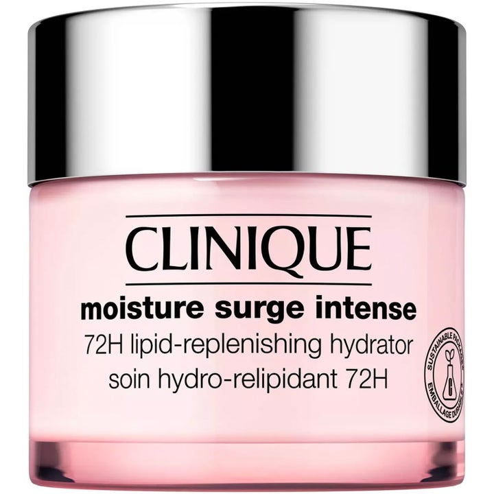 Clinique Moisture Surge Intense 72H syväkosteuttava kasvovoide vaaleanpunaisessa lasipurkissa hopeisella korkilla.