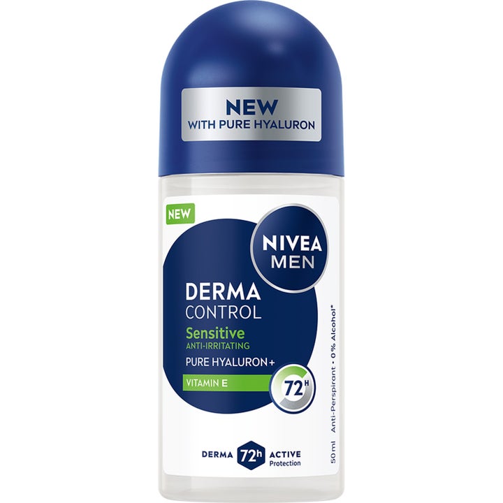 Nivea Men Derma Control Sensitive 50 ml rauhoittava roll-on antiperspirantti lasipullossa, jossa on suuri sininen korkki.