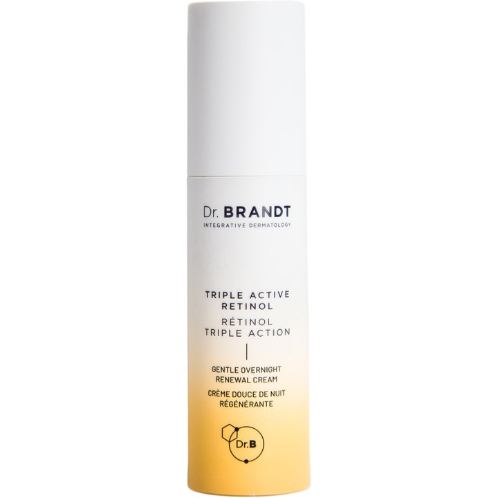 Dr. Brandt Triple Active Retinol Gentle Overnight Renewal Cream uudistava yövoide kelta-valkoisessa pumppupullossa