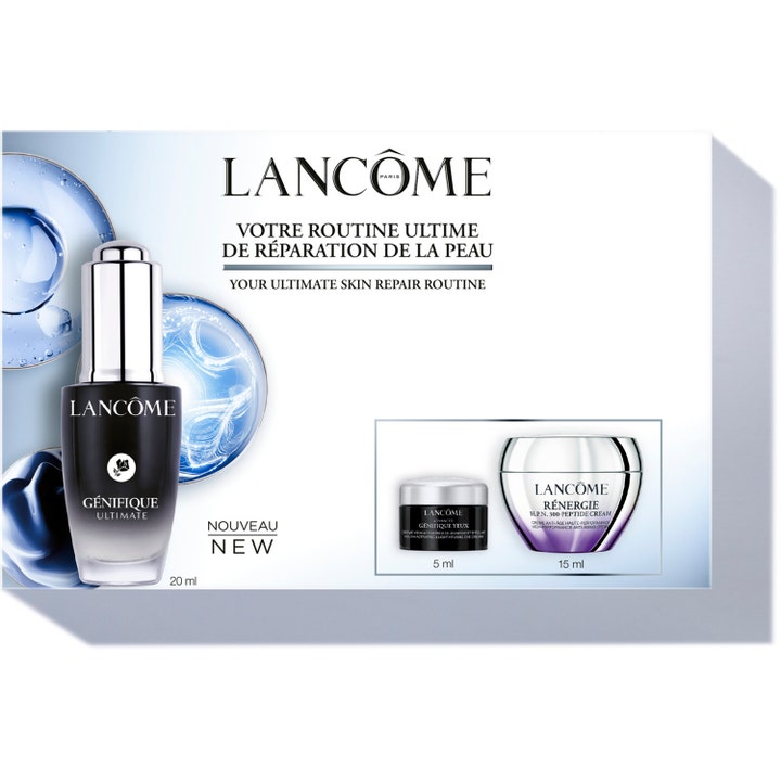 Lancôme Your Ultimate Skin Repair Routine 20ml ihonhoitosetti sisältää uudistavan seerumin ja hopeiset voidepurkit boksissa.
