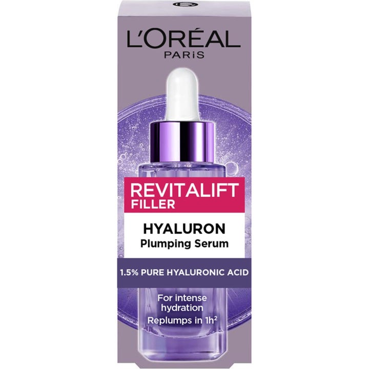 L’Oréal Paris Revitalift Filler Hyaluron Plumping Serum kosteuttava kasvoseerumi violetissa pipettipullossa.