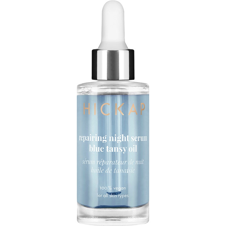Hickap Repairing Night Serum Blue Tansy Oil 30 ml uudistava yöseerumi sinistä öljyä kirkkaassa lasipullossa