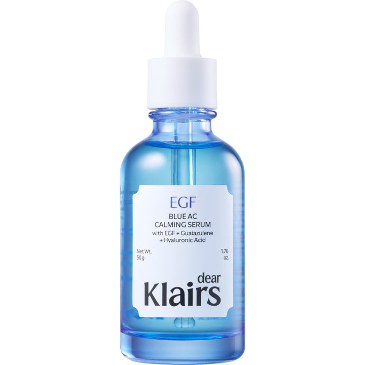 Dear, Klairs EGF Blue AC Calming Serum 50 g rauhoittava seerumi kirkkaassa sinisessä lasipullossa valkoisella pipetillä