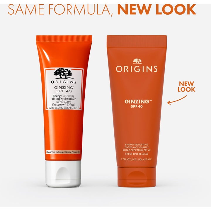 Origins Ginzing SPF 40 50 ml sävyttävä päivävoide, kaksi oranssia tuubia näyttävät uuden ja vanhan pakkauksen.