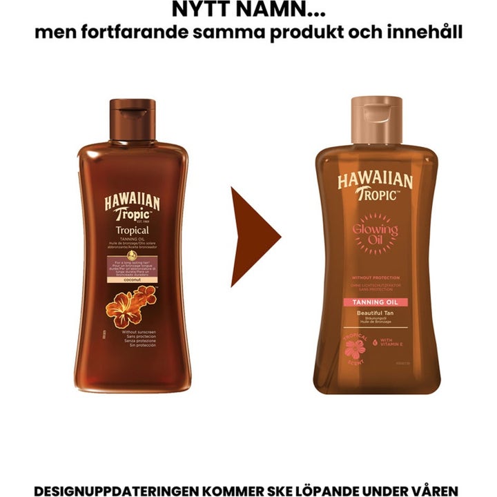 Hawaiian Tropic Glowing Oil rusketusöljy kahdessa ruskeassa pullossa esitellen uuden pakkauksen.