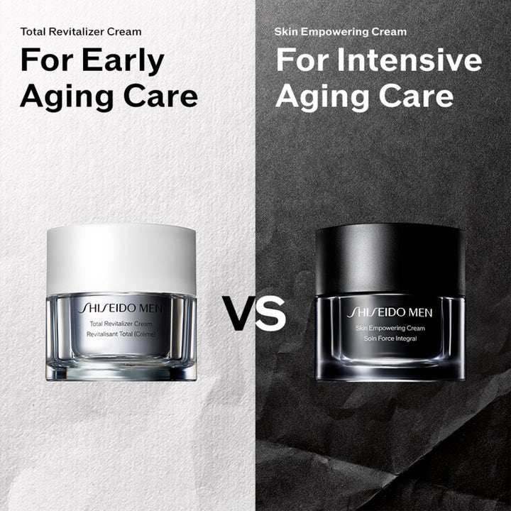 Shiseido Men Anti-Age System kasvovoiteet varhaiseen ja intensiiviseen hoitoon hopeisessa ja mustassa purkissa.