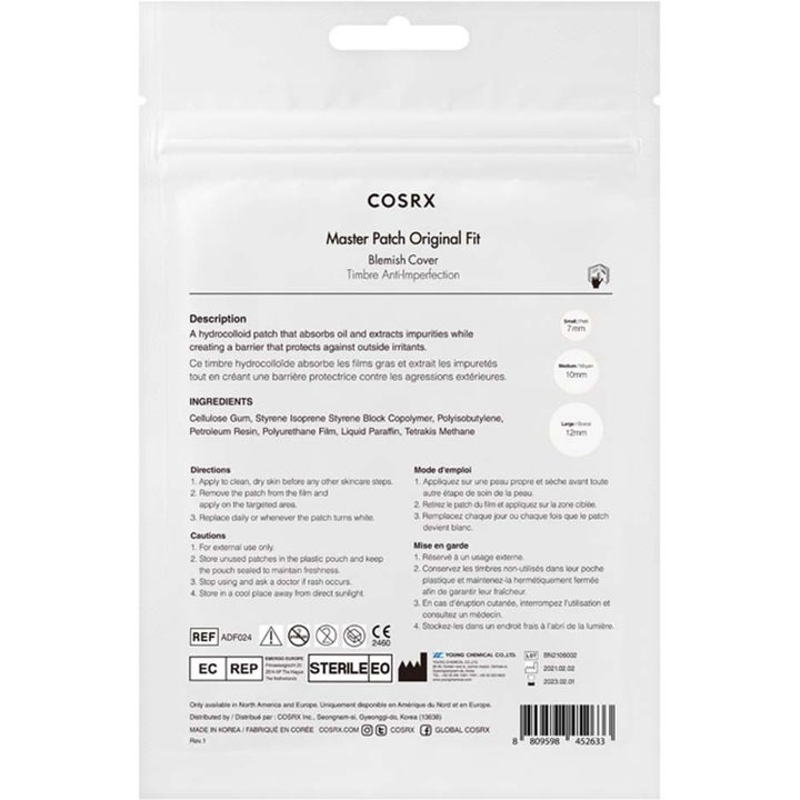COSRX Master Patch Original Fit Duo finnilaastari epäpuhtauksille valkoisen pakkauksen kääntöpuoli ja käyttöohjeet