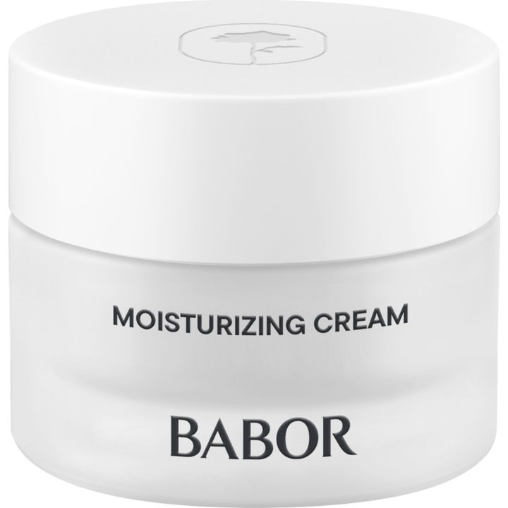Babor Skinovage Moisturizing Cream kosteuttava kasvovoide huurretussa lasipurkissa valkoisella kannella.