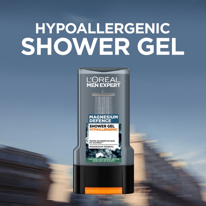L'Oréal Paris Men Expert Magnesium Defence 300 ml hypoallergeeninen suihkugeeli herkälle iholle harmaassa pullossa