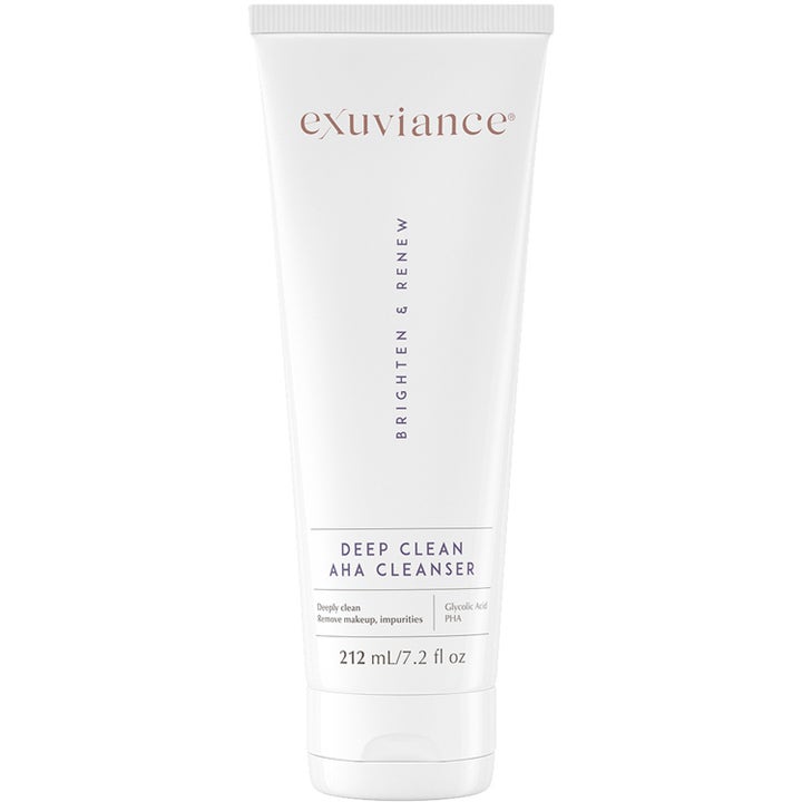 Exuviance Deep Clean AHA Cleanser 212 ml kirkastava puhdistusgeeli valkoisessa tuubissa mustalla tekstillä