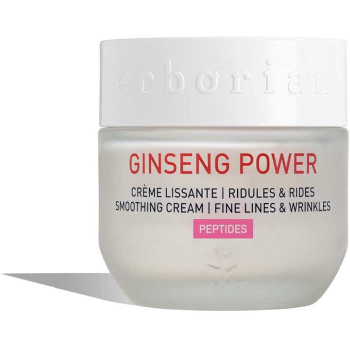 Erborian Ginseng Power 50 ml silottava kasvovoide huurteisessa lasipurkissa pehmentää juonteita.
