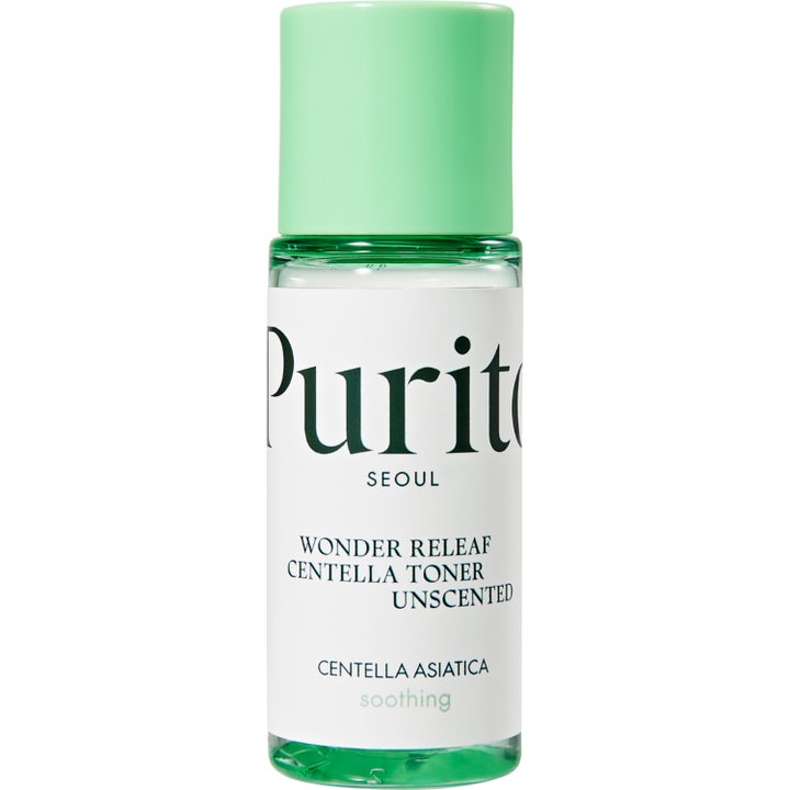 Purito Seoul Wonder Releaf Centella Toner Unscented rauhoittava kasvovesi kirkkaassa pullossa mintunvihreällä korkilla