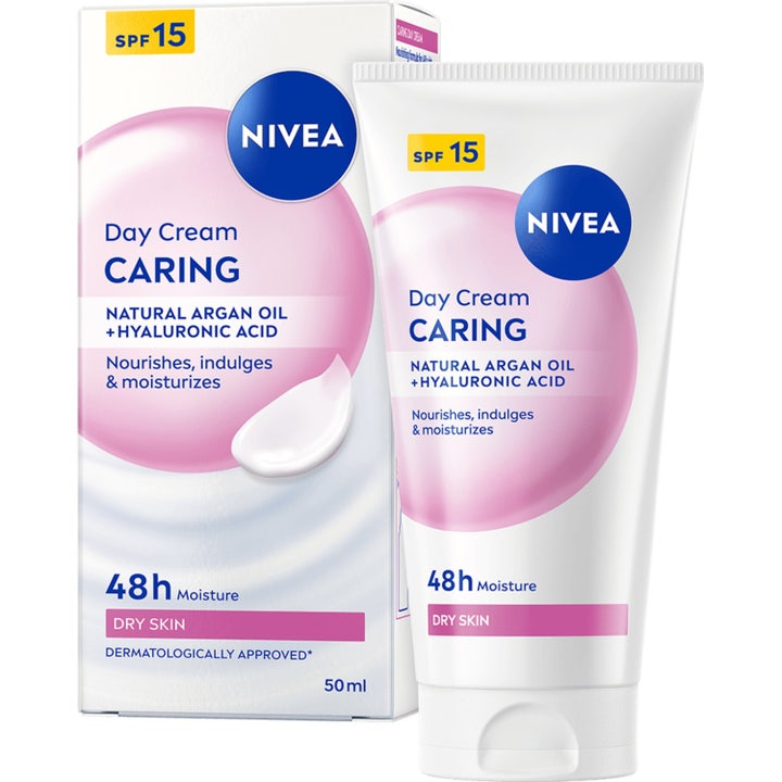 Nivea Day Cream Caring 50 ml ravitseva päivävoide kuivalle iholle valkoisessa tuubissa ja vaaleanpunaisessa rasiassa.