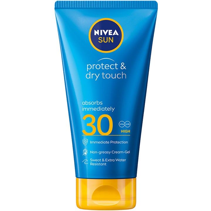 Nivea Sun Protect & Dry Touch SPF 30 tahmaamaton aurinkosuojavoide sinisessä tuubissa, jossa on keltainen korkki.