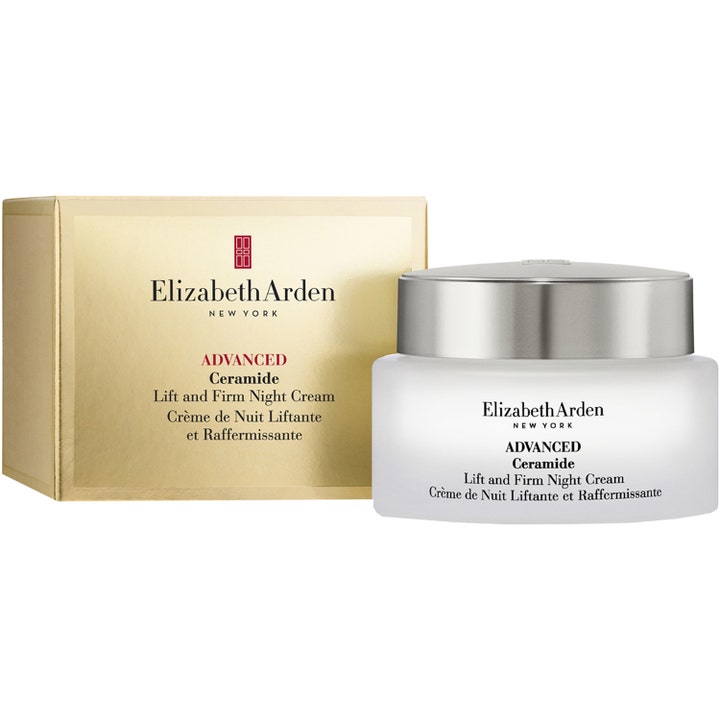 Elizabeth Arden Ceramide Lift & Firm Night Cream 50 ml silottava yövoide huurteisessa lasipurkissa.