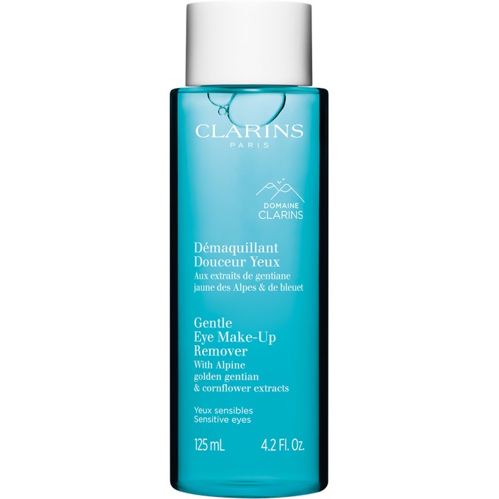 Clarins Gentle Eye Make-Up Remover 125 ml rauhoittava silmämeikin poistoaine kirkkaassa sinisessä pullossa.