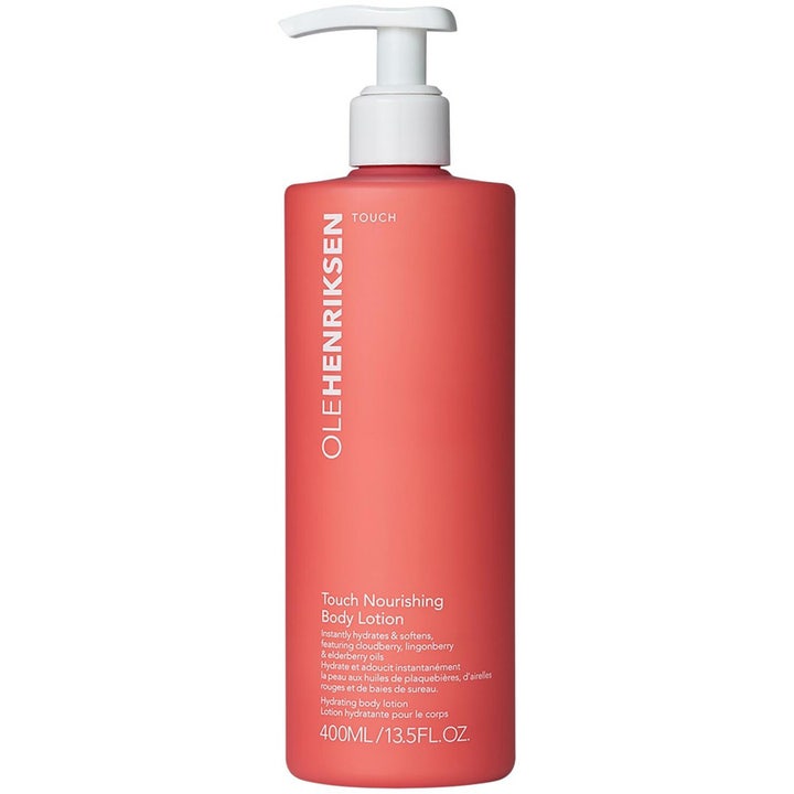 Olehenriksen Touch Nourishing Body Lotion 400 ml pehmentävä vartalovoide korallinvärisessä pullossa valkoisella pumpulla