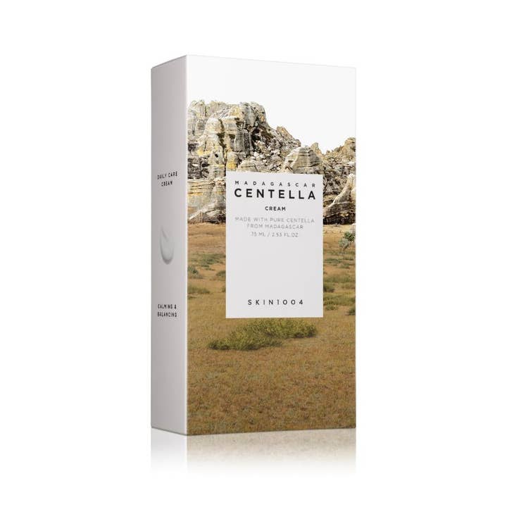 SKIN1004 Madagascar Centella Cream 75 ml rauhoittava kasvovoide valkoisessa pakkauksessa, jossa on maisemakuva.