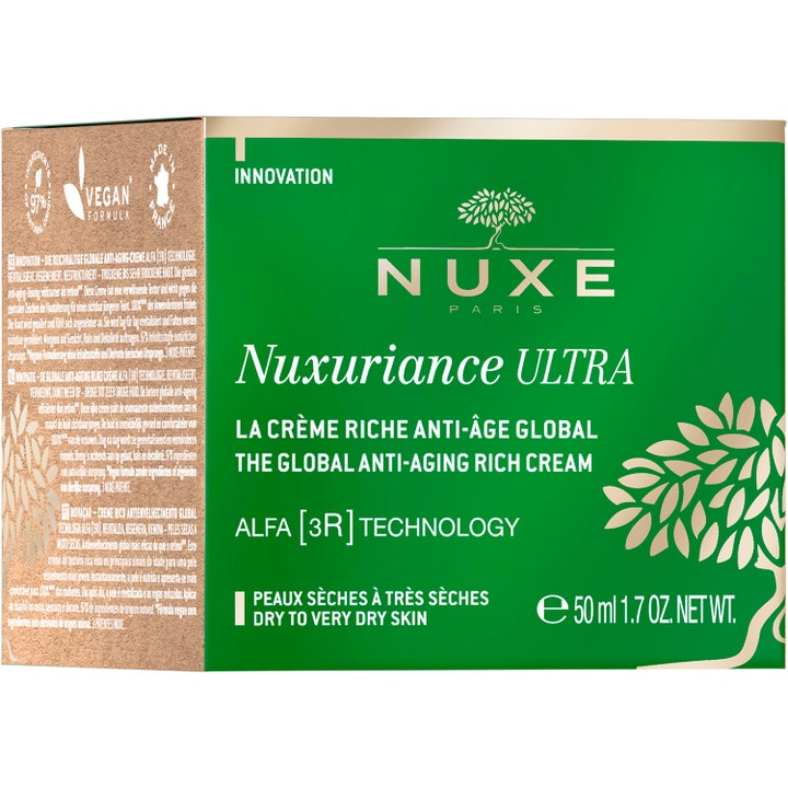 Nuxe Nuxuriance Ultra 50 ml täyteläinen päivävoide vihreässä ulkopakkauksessa, jossa on teksti Vegan Formula.