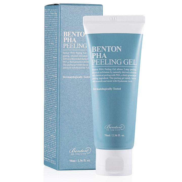 Benton PHA Peeling Gel 70 ml silottava kuorintageeli vaaleansinisessä tuubissa ja ulkopakkauksessa.
