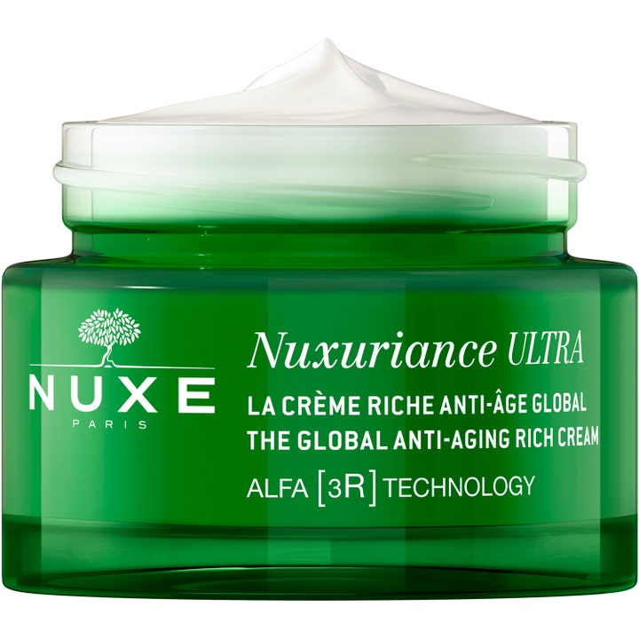 Nuxe Nuxuriance Ultra Rich Day Cream 50 ml ravitseva anti-age päivävoide vihreässä purkissa täyteläisellä voiteella.