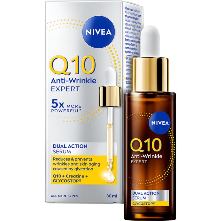 Nivea Q10 Anti-Wrinkle Expert Dual Action Serum ryppyjä silottava seerumi ruskeassa lasipullossa ja pahvipakkaus.
