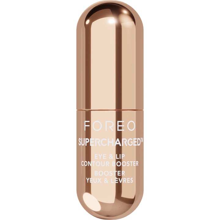 FOREO SUPERCHARGED Eye & Lip Contour Booster 10,5 ml seerumi kirkastaa silmänympäryksiä ruusukultaisessa hylsyssä.
