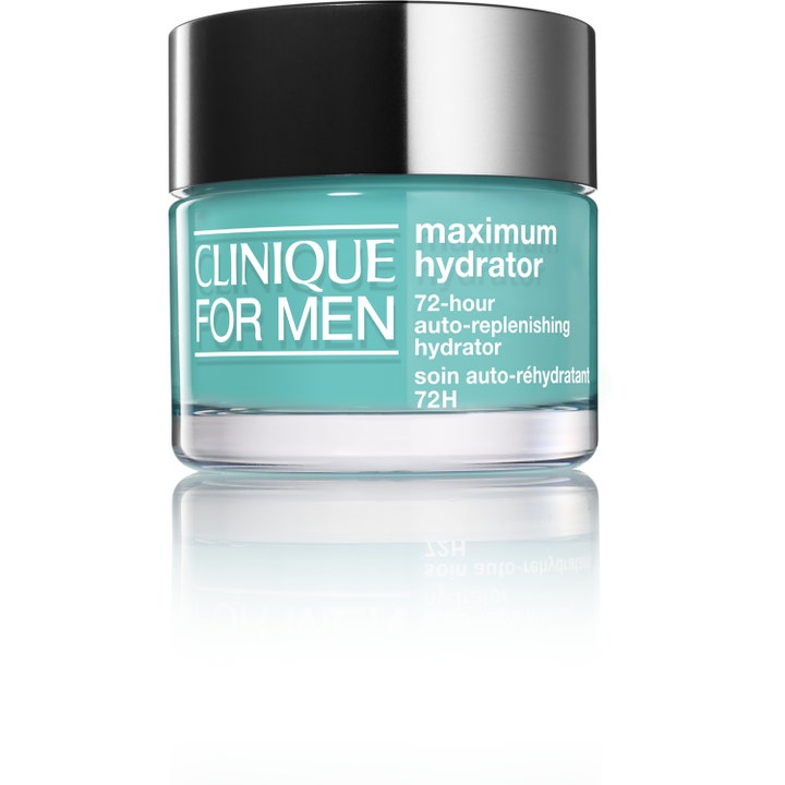 Clinique For Men Maximum Hydrator 50 ml kosteusvoide on turkoosi geelivoide mustalla kannella varustetussa lasipurkissa.