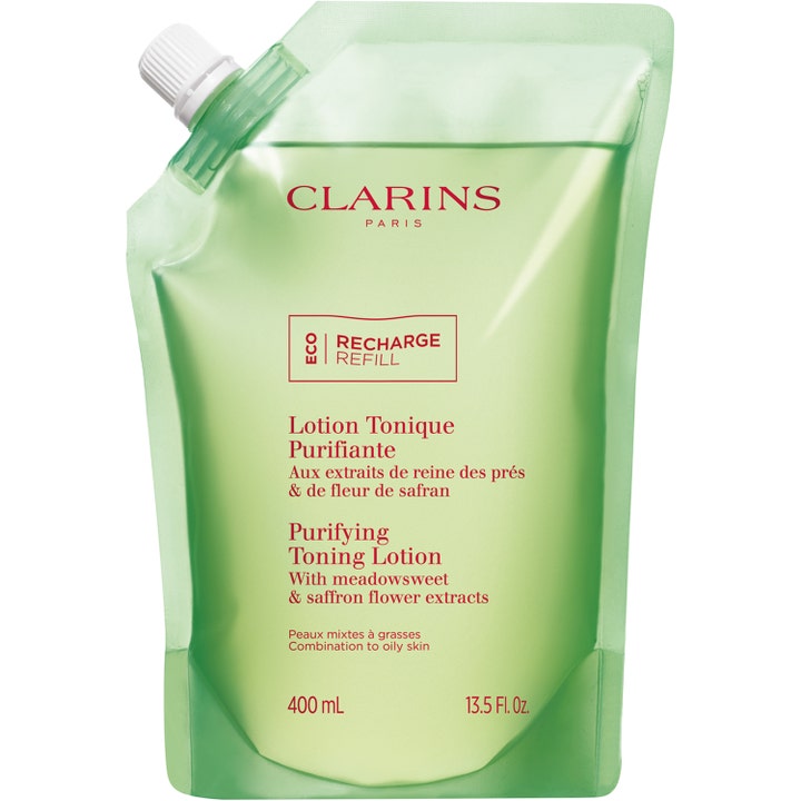 Clarins Purifying Toning Lotion 400 ml puhdistava kasvovesi vihreässä täyttöpussissa jossa on valkoinen korkki