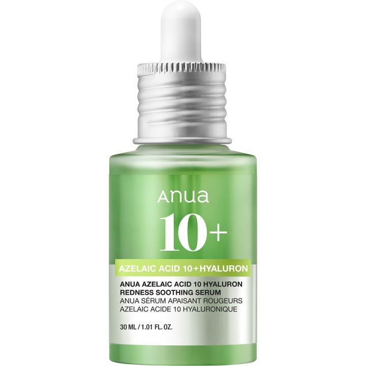 Anua Azelaic Acid 10 + Hyaluron Redness Soothing Serum 30 ml rauhoittava seerumi vihreässä hopeakorkkisessa pullossa.