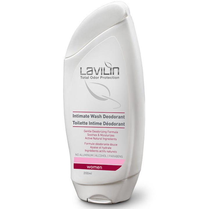 Lavilin Intimate Wash Deodorant 200 ml kosteuttava intimipesuneste valkoisessa pullossa vaaleanpunaisin yksityiskohdin.