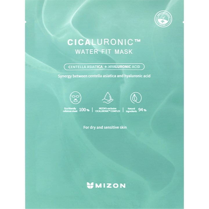 Mizon Cicaluronic Water Fit Mask 24 ml rauhoittava kangasnaamio mintunvihreässä pakkauksessa jossa on veden väreilyä