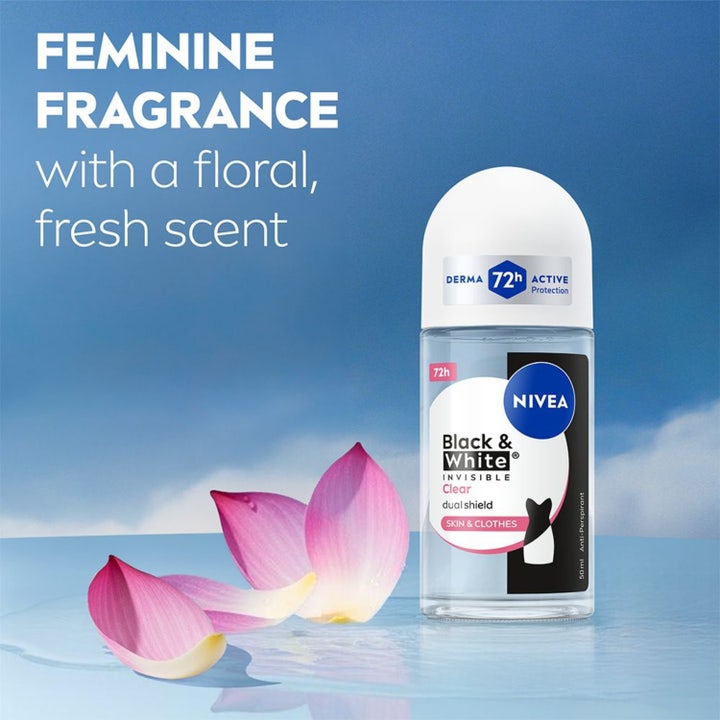 NIVEA Black & White Original Roll On 50 ml deodorantti ehkäisee tahroja sinisessä The #1 Anti-Stain Brand -infograafissa