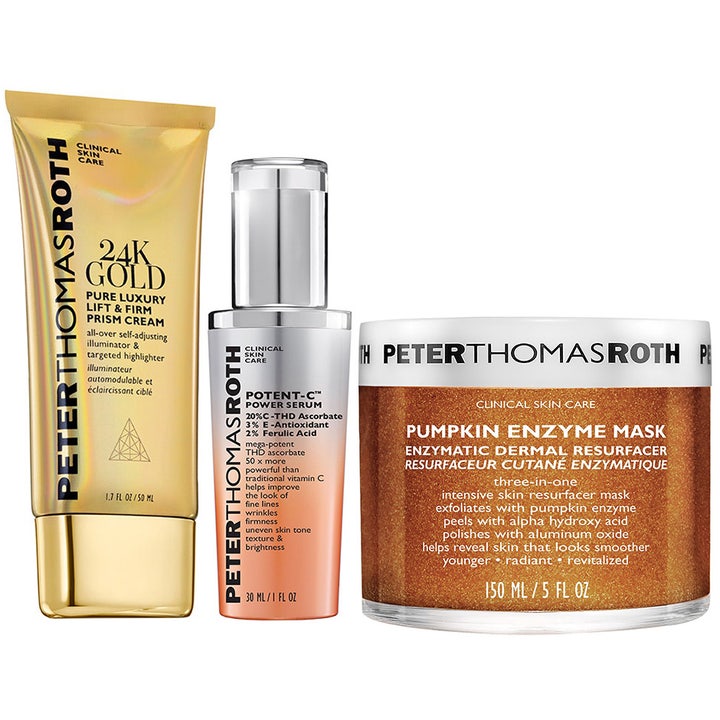 Peter Thomas Roth ihonhoitosetti heleyttää ihoa kultaisella voidetuubilla, hopeisella seerumilla ja oranssilla naamiopurkilla.