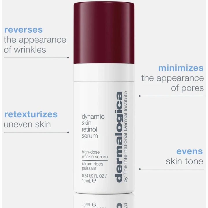 Dermalogica Dynamic Skin Retinol Serum 10 ml silottaa ryppyjä ja häivyttää ihohuokosia valkoisessa pumppupullossa.