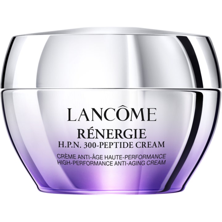 Lancôme Rénergie H.P.N. 300-Peptide Cream 50 ml tehokas anti-age-kasvovoide hopeanhohtoisessa ja liilassa purkissa.