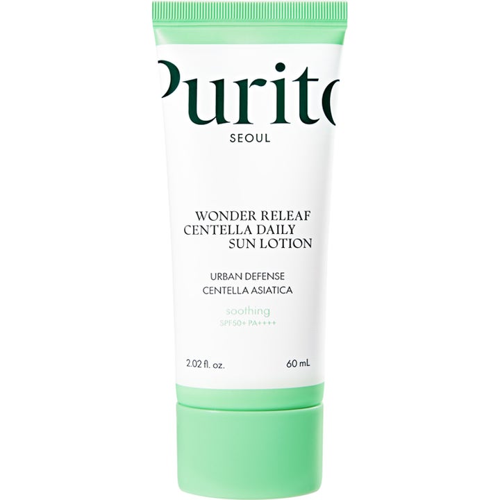 Purito Seoul Wonder Releaf Centella Daily Sun Lotion 60 ml rauhoittava aurinkovoide valkoisessa vihreässä tuubissa
