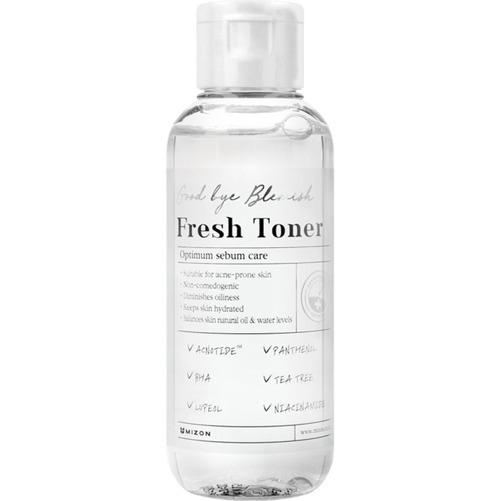 Mizon Goodbye Blemish Fresh Toner 150ml hillitsee talia kirkkaassa muovipullossa jossa on valkoinen korkki.