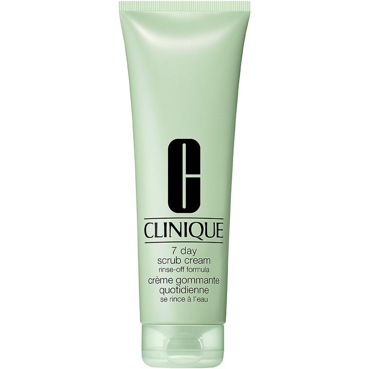 Clinique 7 Day Scrub Cream 100 ml syväpuhdistava kuorintavoide vaaleanvihreässä tuubissa kirkastaa ihoa.