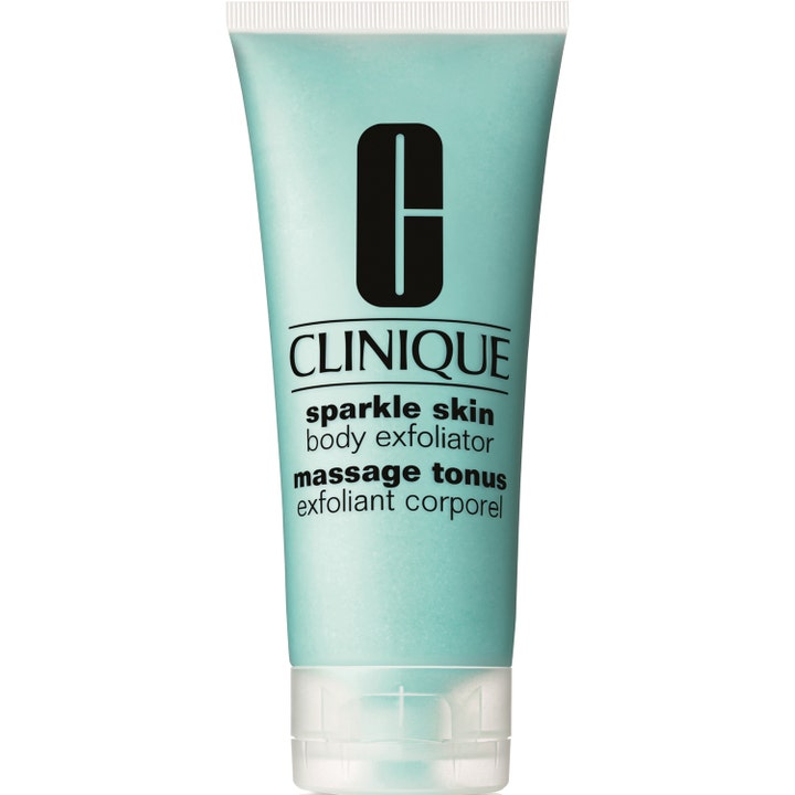 Clinique Sparkle Skin Body Exfoliator kuorintavoide kirkastaa ihoa vaaleansinisessä tuubissa.