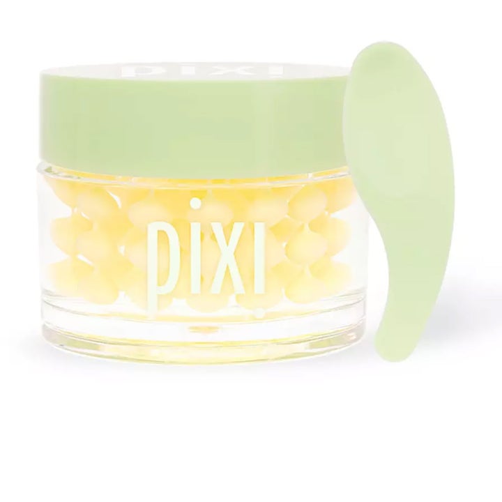 Pixi Nutrilip Elixir 30 kpl kosteuttava huuliöljy keltaisina kapseleina kirkkaassa purkissa mintunvihreällä kannella.